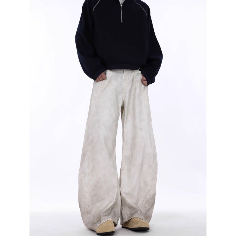 American High Street Retro Distressed Dirty Washed White Scimitar Jeans Ins Deconstructed Tailoring Niche Design Wide Leg Pants - Image 3